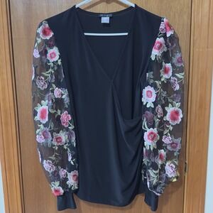 Venus Blouse Womens Small Sheer Floral Black Rose Gypsy Hippie Boho Wrap